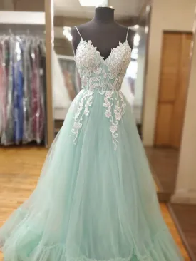 A Line V Neck Mint Green Lace Prom, Mint Green Lace Formal Evening