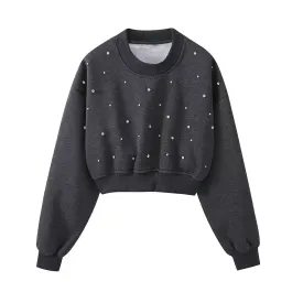 Autumn Women Clothing Sense Jewelry Inlaid Washed Short Sweater