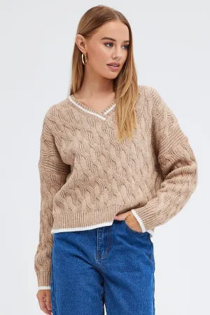 Beige Sweater Long sleeve V neck