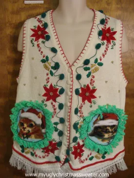 Bells, Poinsettias, and Candy Cane Christmas Cat Ugly Sweater Vest