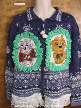 Blue and White Nordic Christmas Sweater with Cat