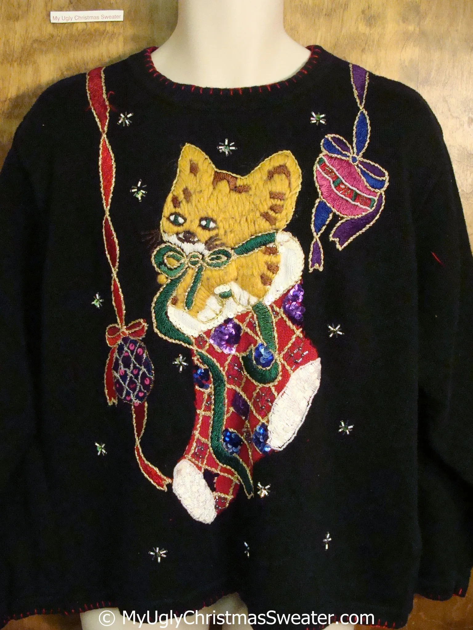 Cat in a Stocking 80s Ugly Christmas Sweater Pullover