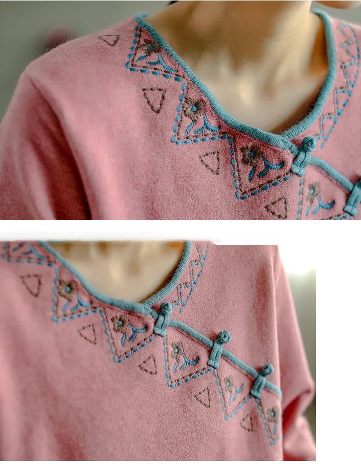 Chinese Style Neck Embroidery Knit Sweater Shirt