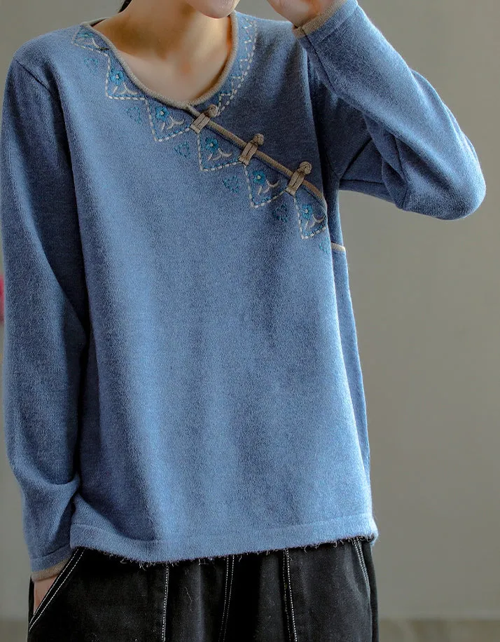 Chinese Style Neck Embroidery Knit Sweater Shirt