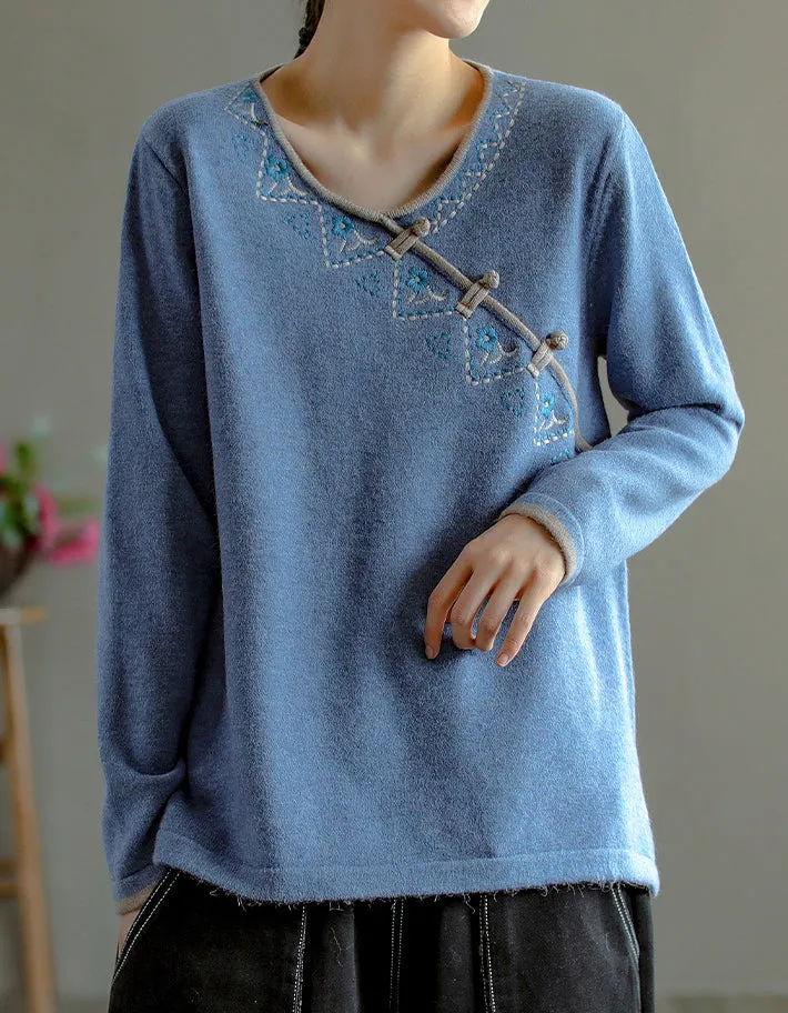 Chinese Style Neck Embroidery Knit Sweater Shirt