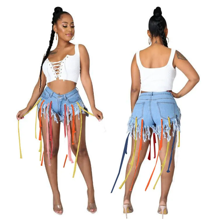 Colorful webbing fringed denim shorts AY1011