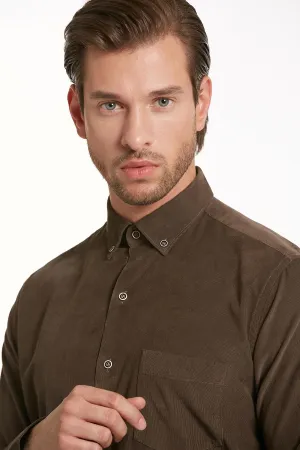 Comfort Fit Long Sleeve Cotton Brown Dress Shirt