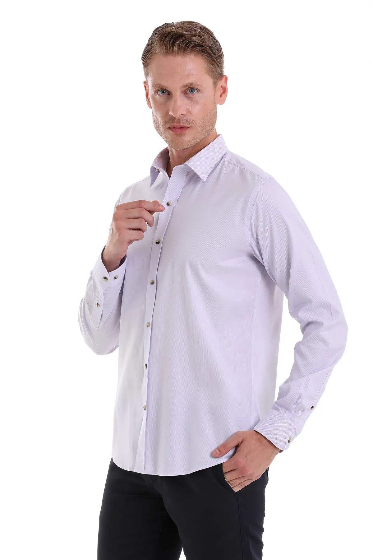 Comfort Fit Long Sleeve Cotton Lilac Casual Shirt