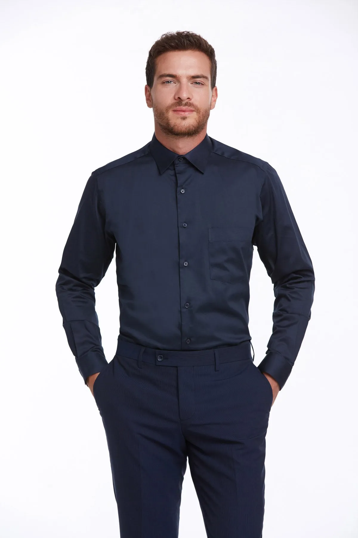 Comfort Fit Long Sleeve Plain Cotton Dress Shirt, Navy