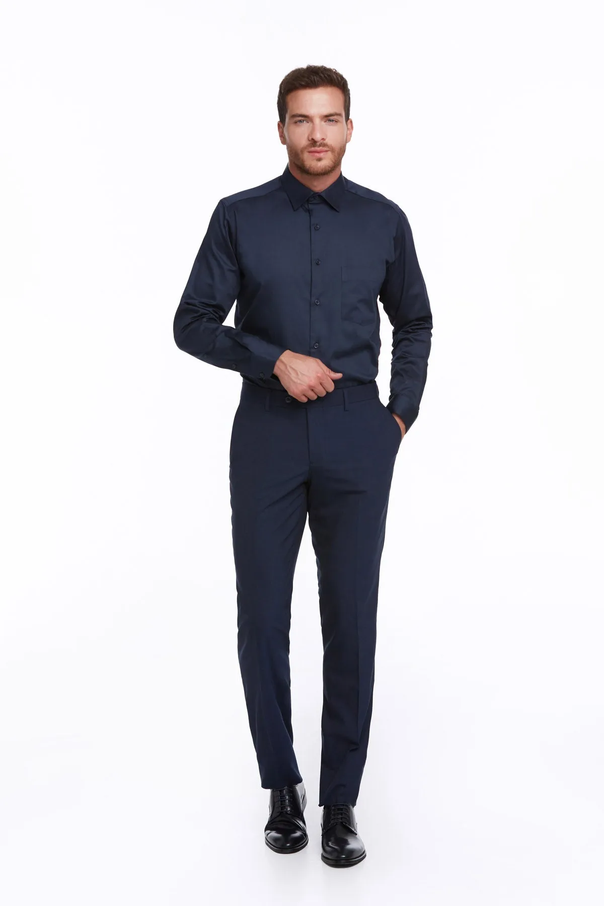 Comfort Fit Long Sleeve Plain Cotton Dress Shirt, Navy