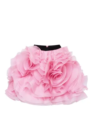 Danceable mini skirt with ruched flower appliques in pink