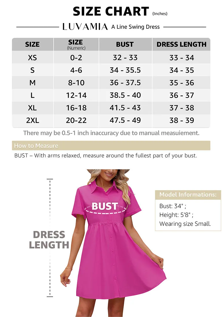 Hot Pink Women's Short Sleeve Button Down Babydoll Dress A-Line Tunic Dress