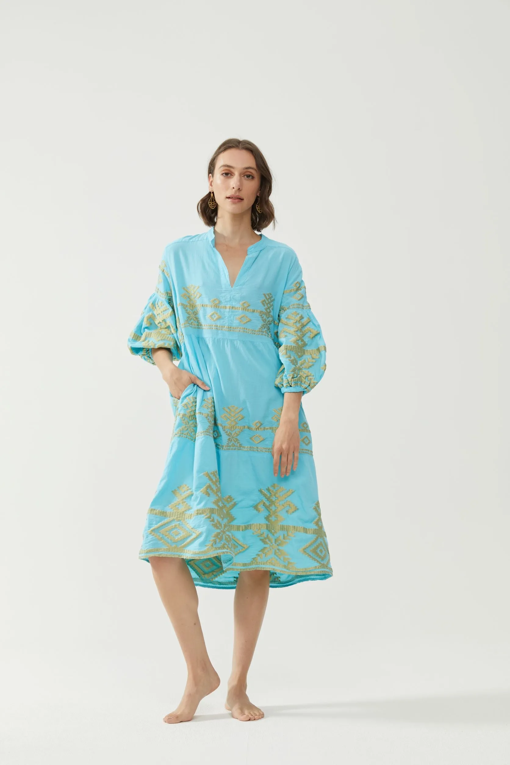 Kiitos Long Carmen Dress - Turquoise/Gold