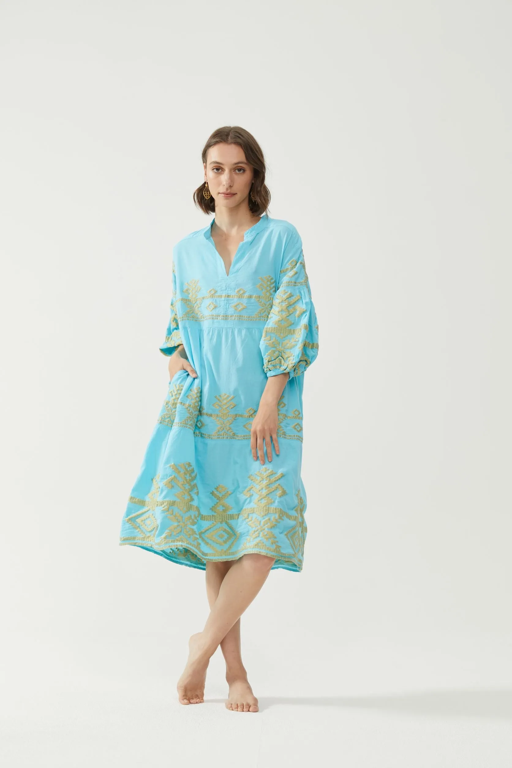 Kiitos Long Carmen Dress - Turquoise/Gold