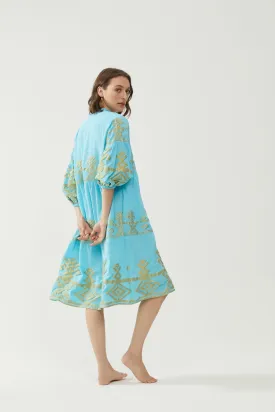 Kiitos Long Carmen Dress - Turquoise/Gold