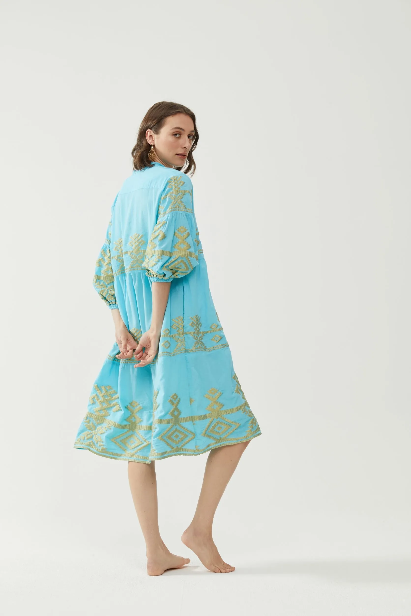 Kiitos Long Carmen Dress - Turquoise/Gold