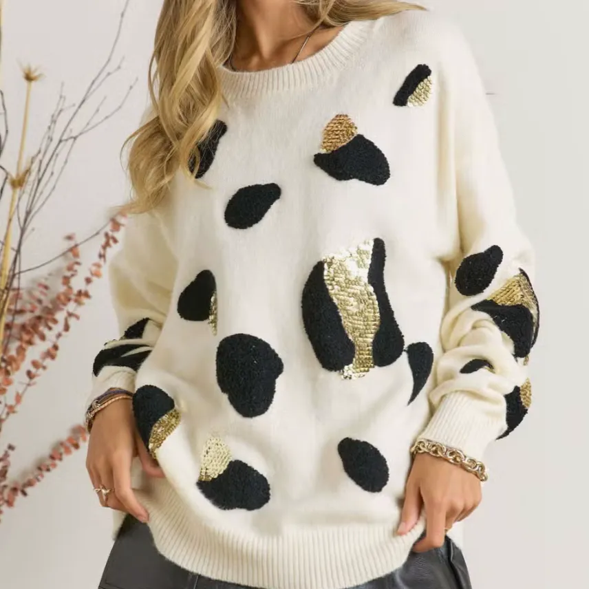 Leopard Shine Patterned Pullover Sweater