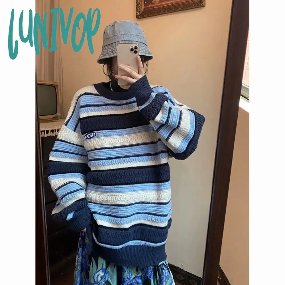 Lunivop 90s streetwear Retro American Sweater Women's round Neck Chic Korean Style Striped Sweater Lazy Style Autumn Women's Fashion