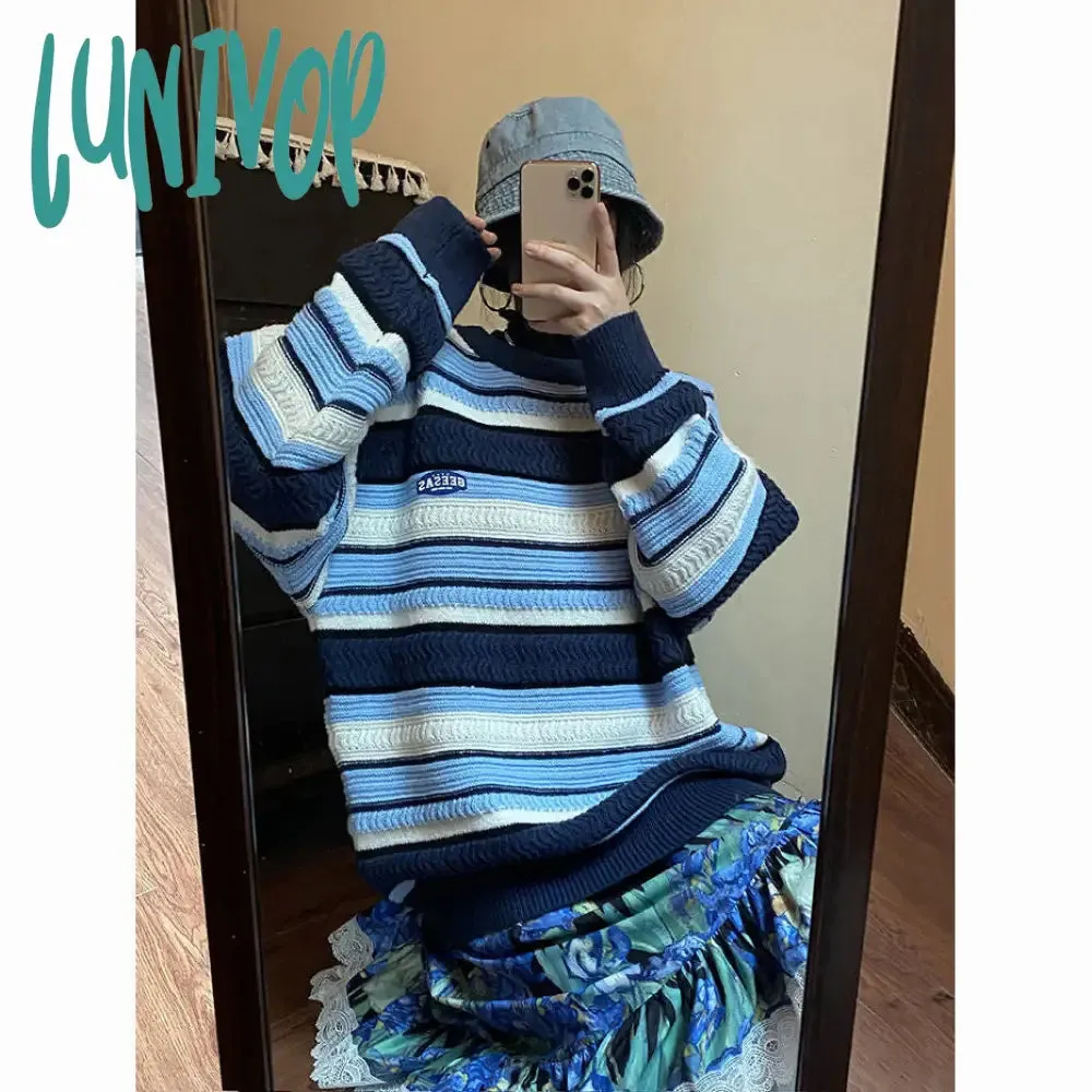 Lunivop 90s streetwear Retro American Sweater Women's round Neck Chic Korean Style Striped Sweater Lazy Style Autumn Women's Fashion