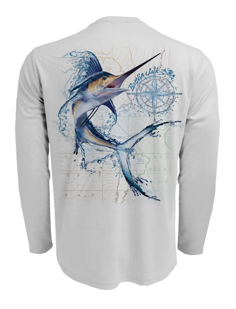 Men's Water Marlin Fishing Shirt UV Protection by Rattlin Jack | Long Sleeve | UPF 50 | Performance Polyester Rash Guard |