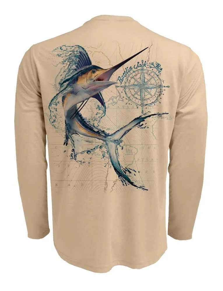 Men's Water Marlin Fishing Shirt UV Protection by Rattlin Jack | Long Sleeve | UPF 50 | Performance Polyester Rash Guard |