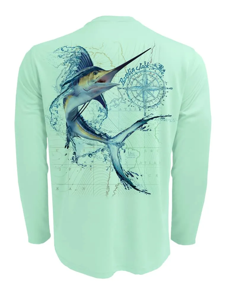 Men's Water Marlin Fishing Shirt UV Protection by Rattlin Jack | Long Sleeve | UPF 50 | Performance Polyester Rash Guard |