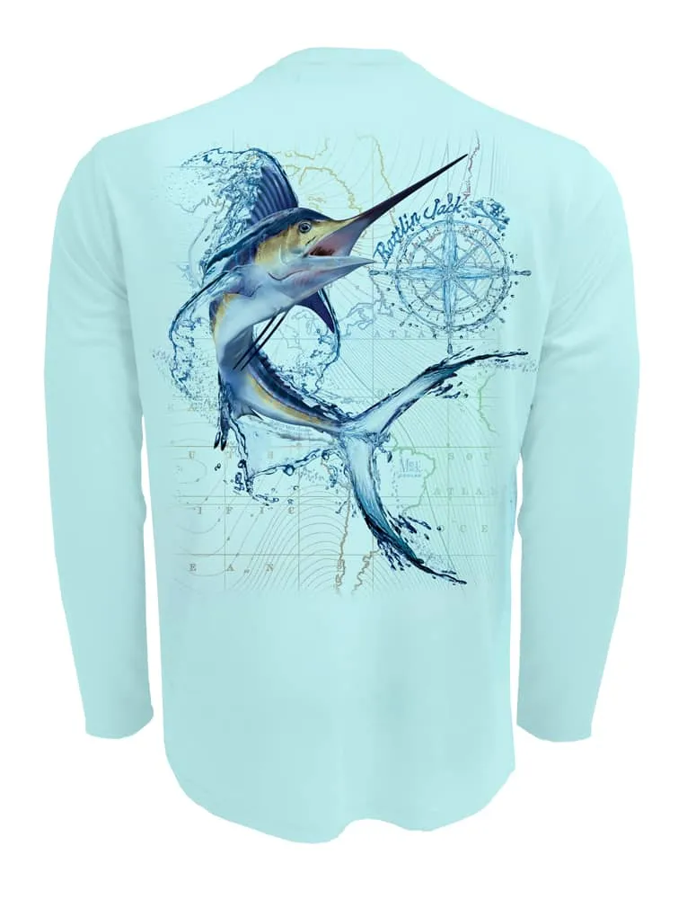 Men's Water Marlin Fishing Shirt UV Protection by Rattlin Jack | Long Sleeve | UPF 50 | Performance Polyester Rash Guard |