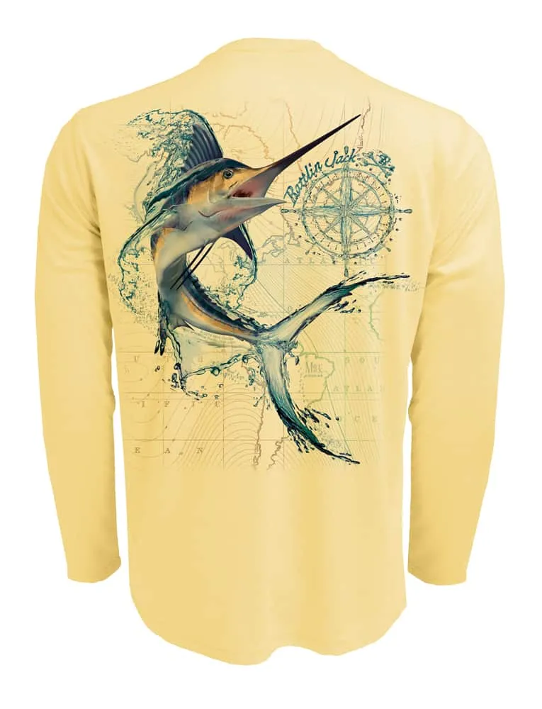 Men's Water Marlin Fishing Shirt UV Protection by Rattlin Jack | Long Sleeve | UPF 50 | Performance Polyester Rash Guard |