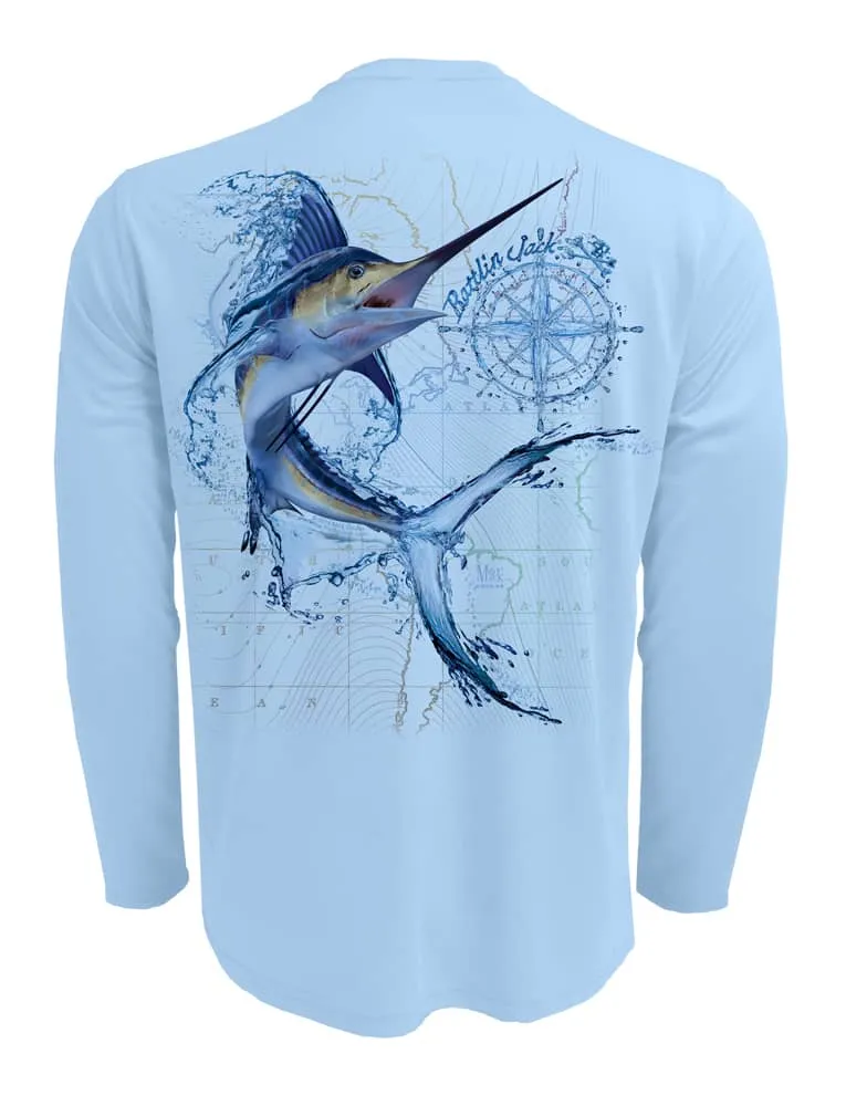 Men's Water Marlin Fishing Shirt UV Protection by Rattlin Jack | Long Sleeve | UPF 50 | Performance Polyester Rash Guard |