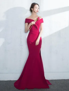 Off Shoulder Mermaid Burgundy/Navy Blue/Black Satin Long Prom with Slit, Burgundy/Navy Blue/Black Mermaid Formal, Evening