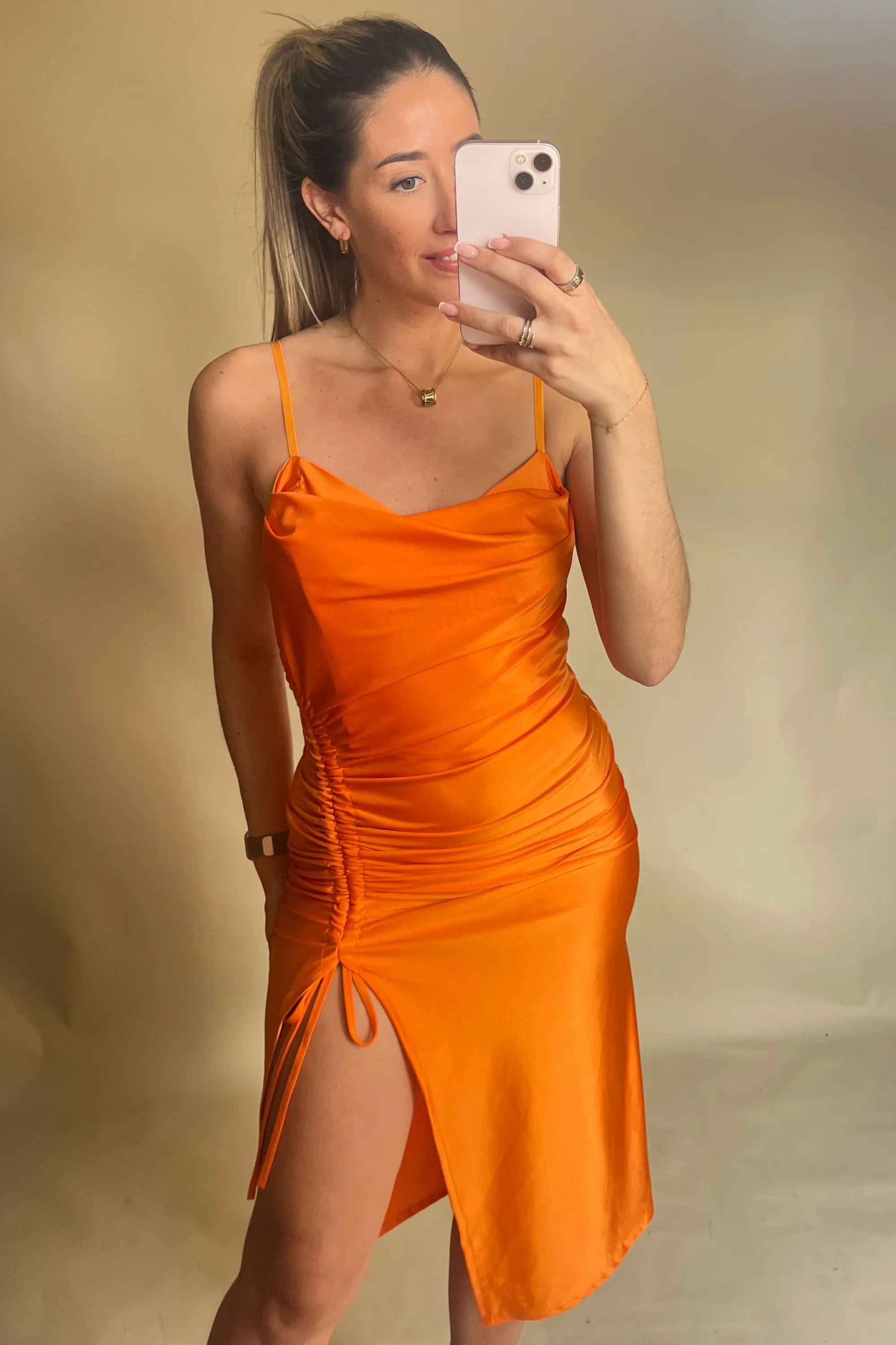 Orange Bodycon Cowl Neck Dress