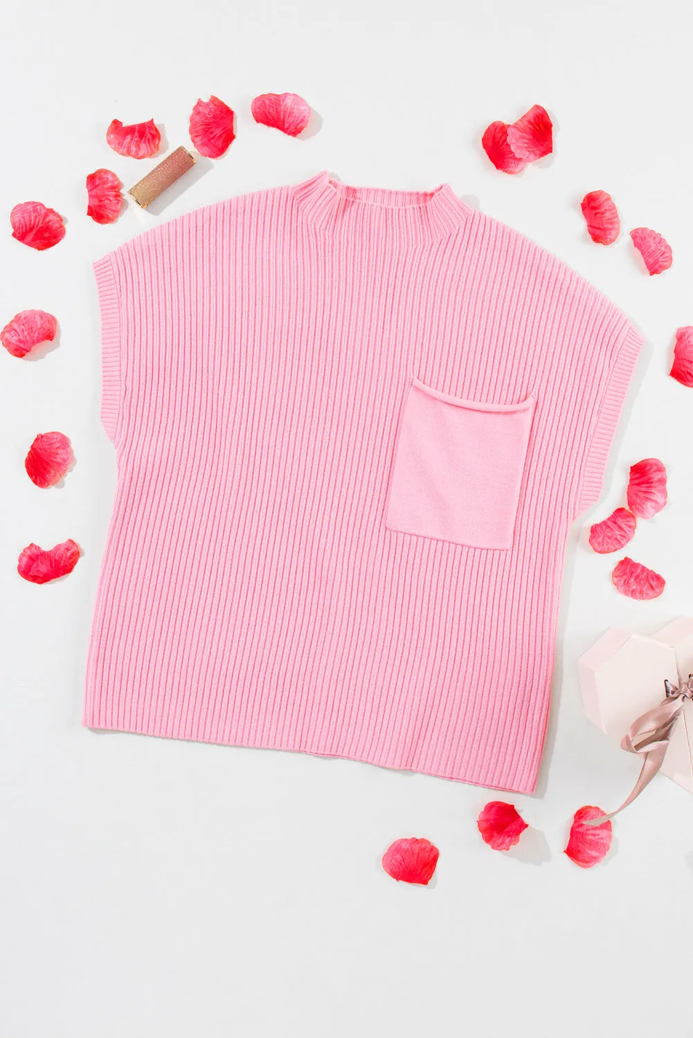 Patch Pocket Ribbed Knit Short Sleeve Sweater