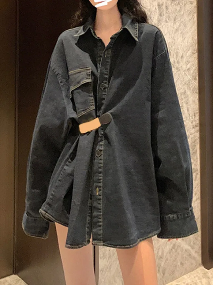 Patchwork Belt Jackets For Women Lapel Long Sleeve Spliced Pockets Solid Loose Casual Coat Female Fashion Clothing