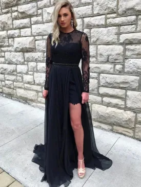 Round Neck Long Sleeves Open Back Lace Black Prom with Slit, Long Sleeves Black Lace Formal, Black Evening