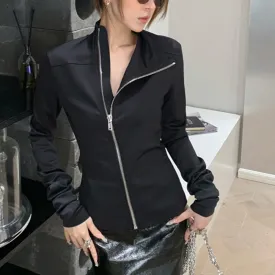 Solid Patchwork Zipper Casual Jackets For Women Stand Collar Long Sleeve Minimalist Temperament Coats Female