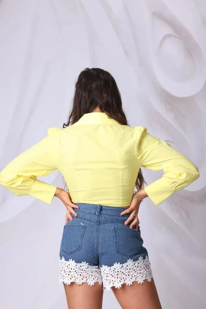 Tie Front Bell Sleeve Crop Top in Yellow