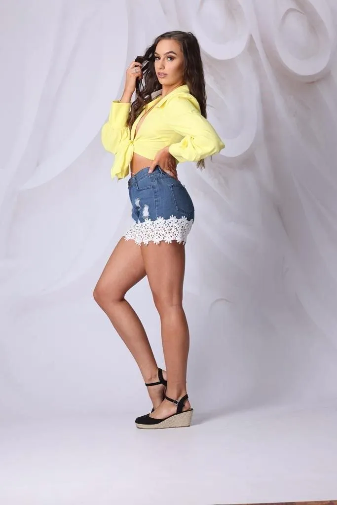 Tie Front Bell Sleeve Crop Top in Yellow