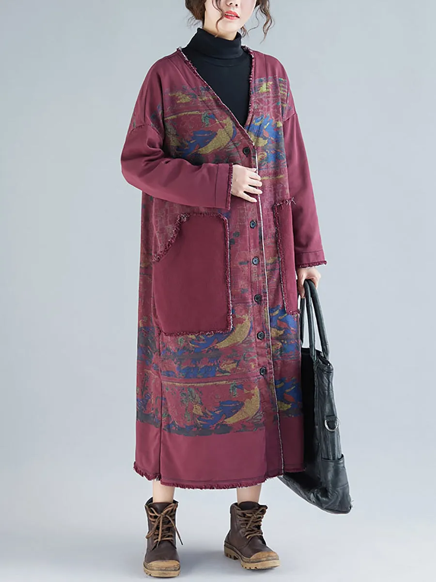 Women Retro Winter Print Raw-edge V-Neck Long Coat