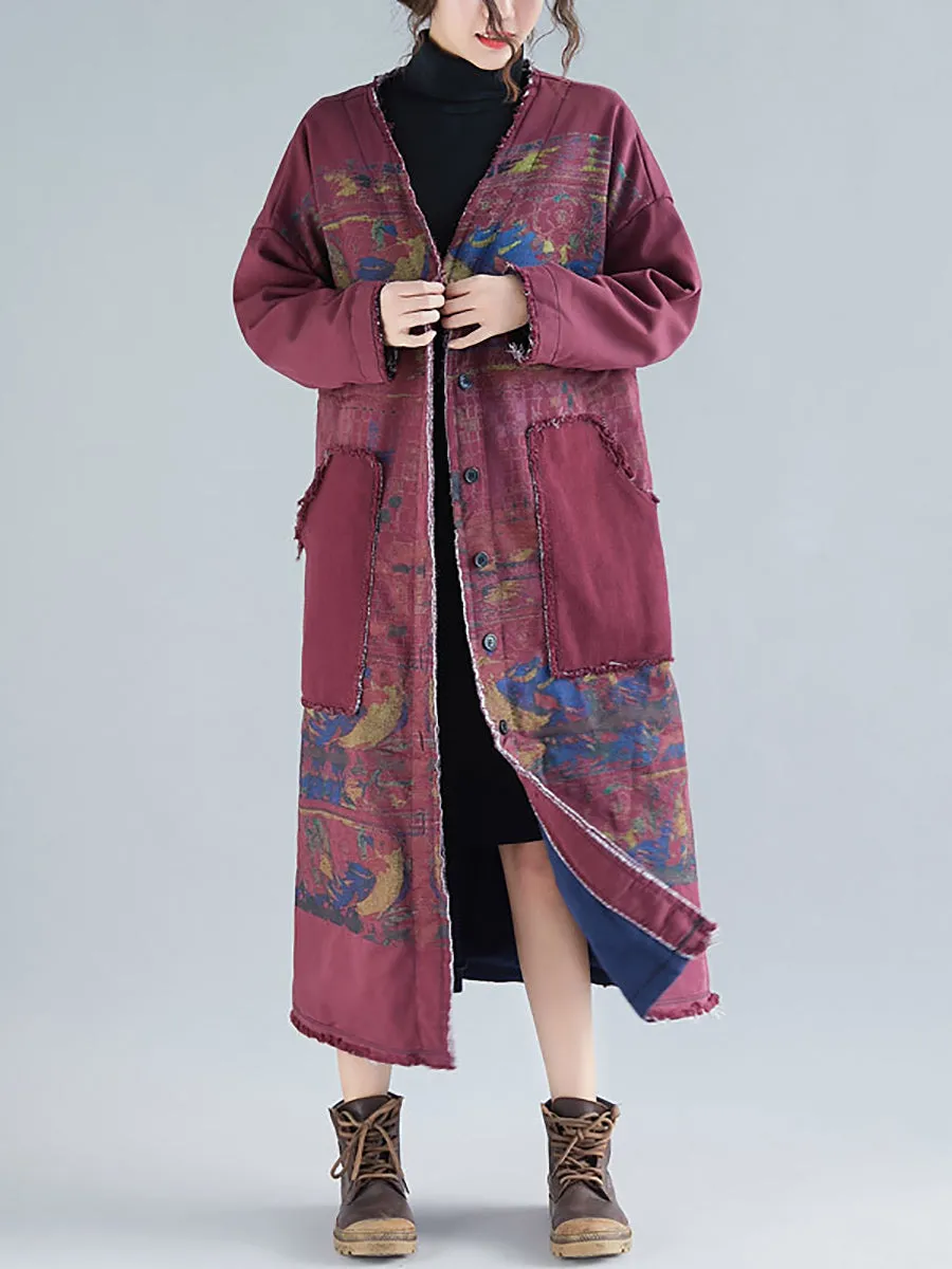 Women Retro Winter Print Raw-edge V-Neck Long Coat