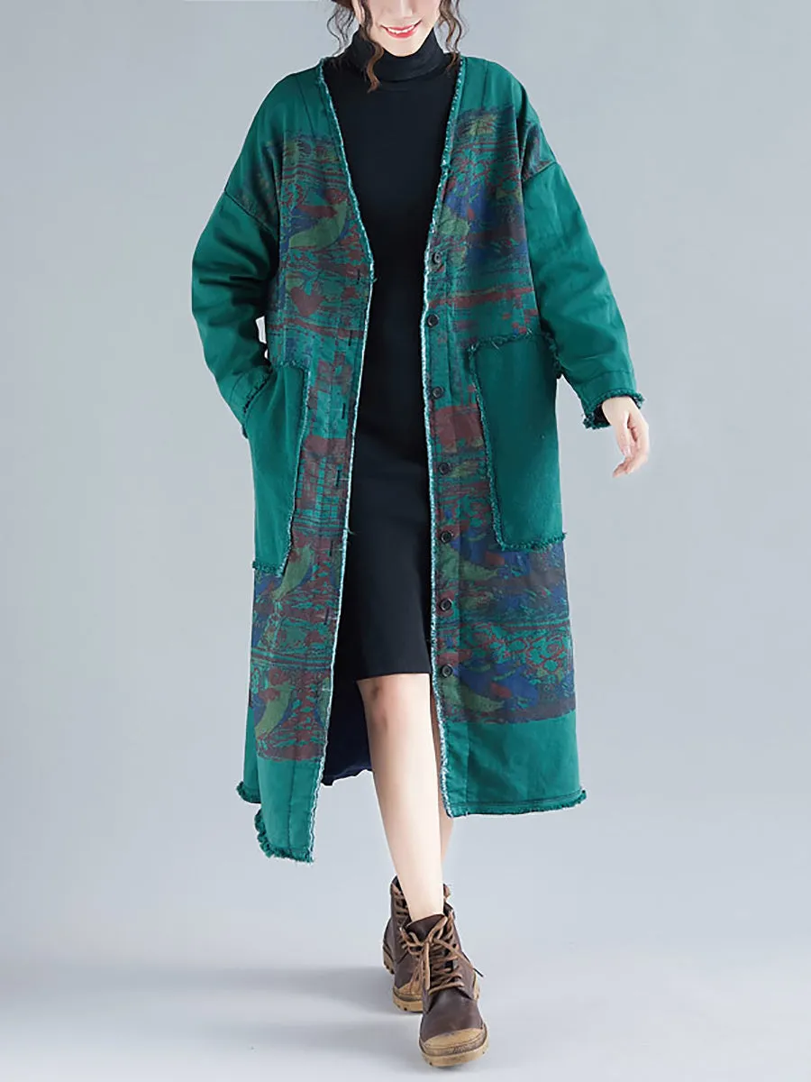 Women Retro Winter Print Raw-edge V-Neck Long Coat