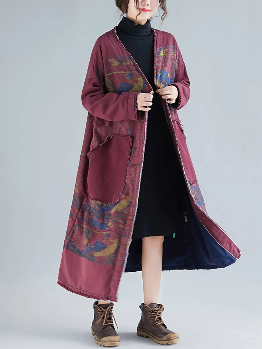 Women Retro Winter Print Raw-edge V-Neck Long Coat