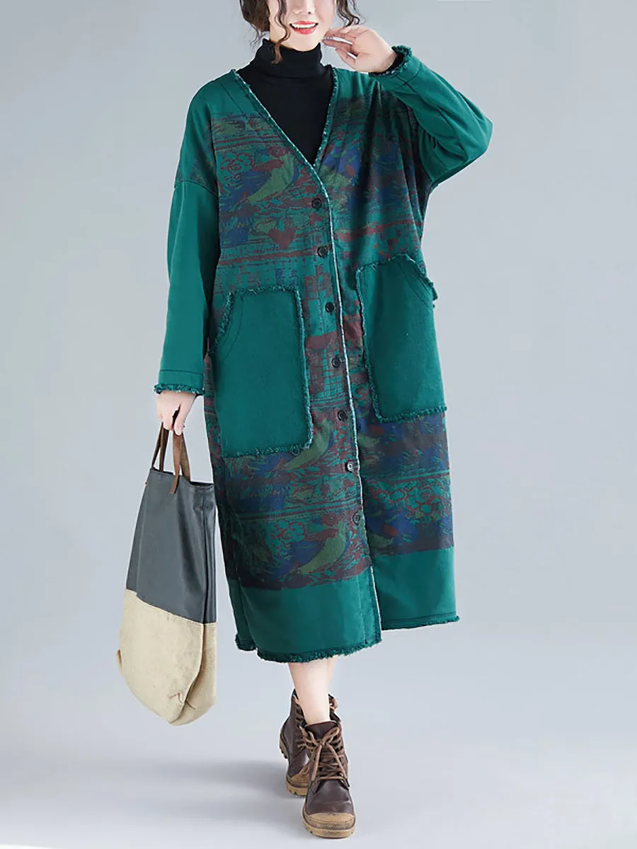 Women Retro Winter Print Raw-edge V-Neck Long Coat