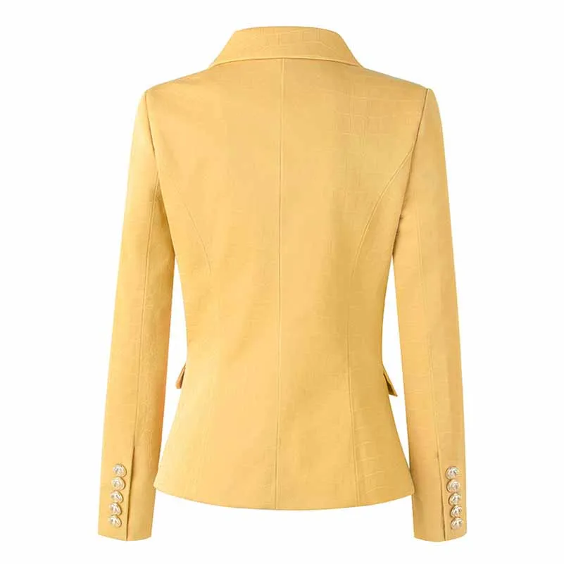 Women Velvet Yellow Double Breasted Blazer Gold Buttons Jacket